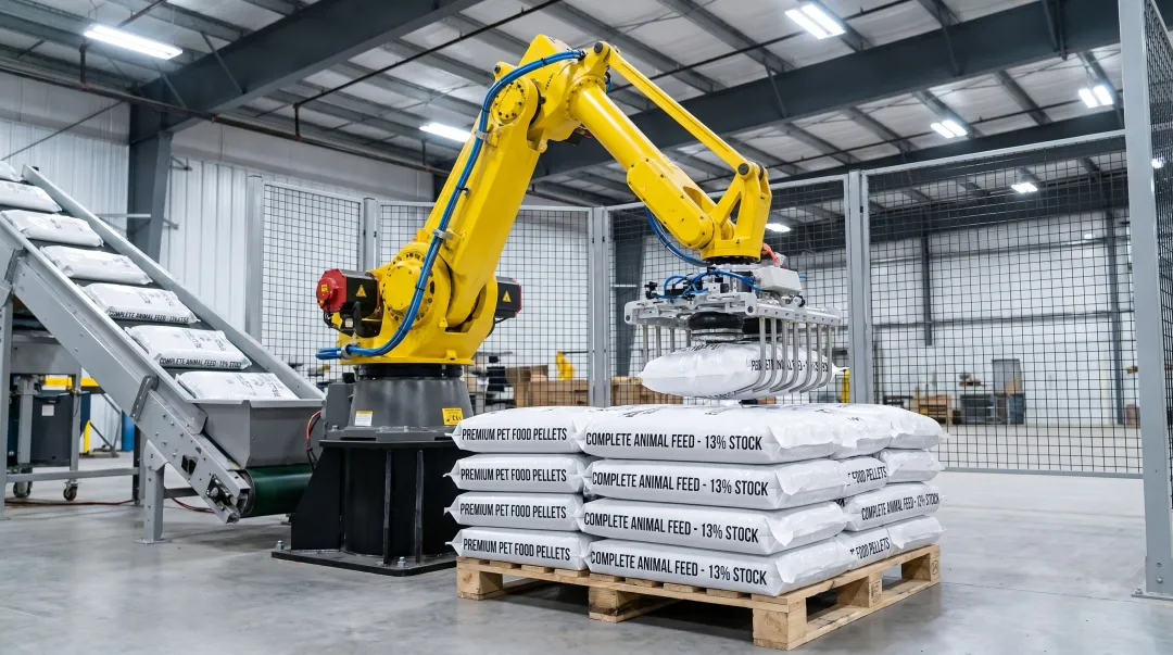 Industrial robotic palletizer stacking pet food bags on production line