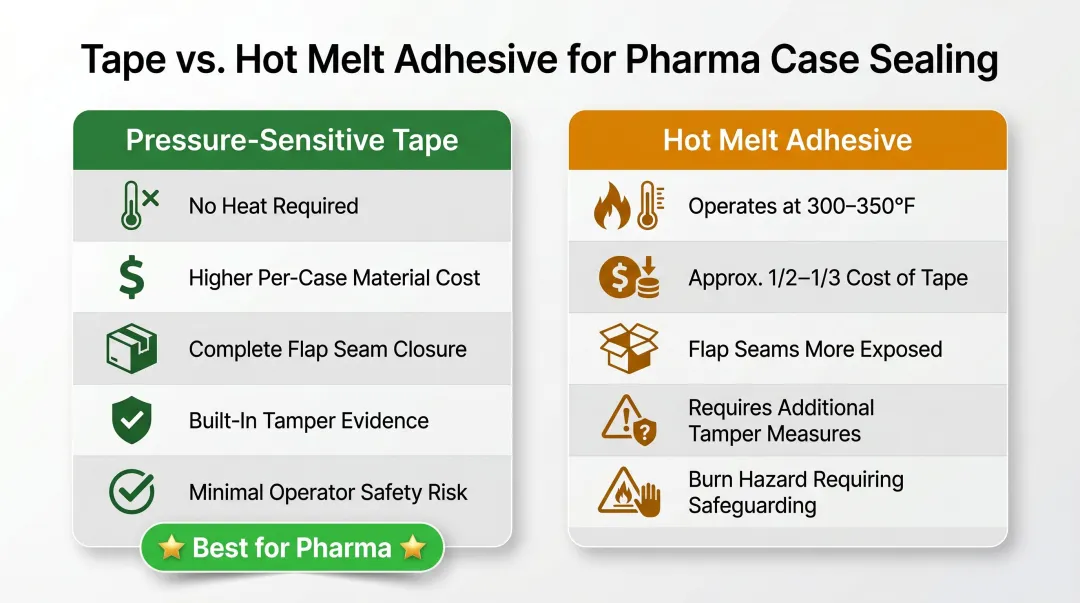 Pressure-sensitive tape versus hot melt adhesive case sealing pharmaceutical comparison infographic