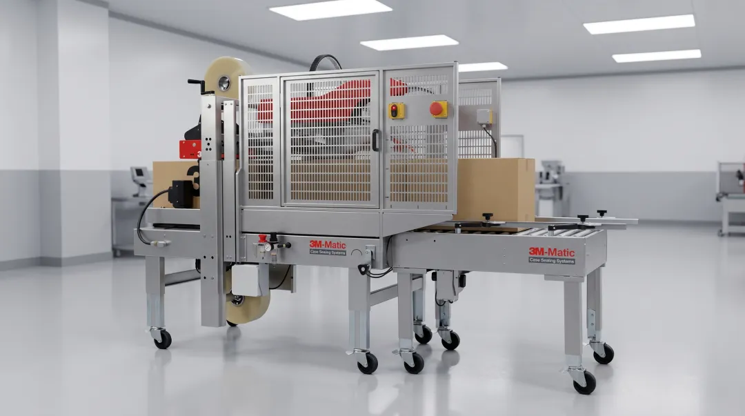 3M-Matic automatic case sealer with stainless steel construction and pressure-sensitive tape system
