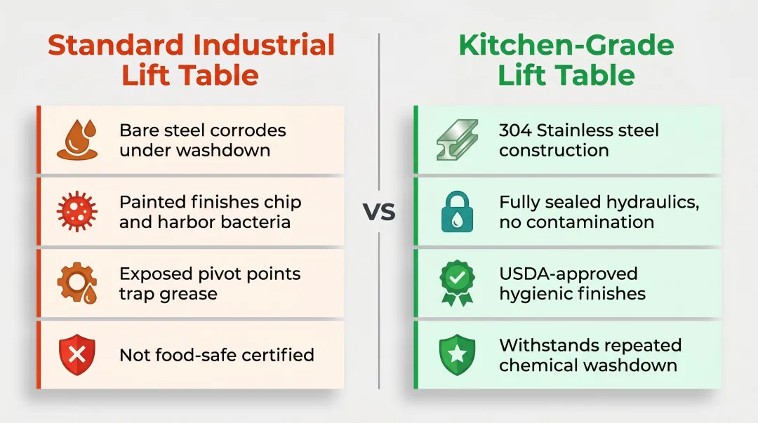 Standard industrial lift table versus kitchen-grade stainless lift table side-by-side comparison