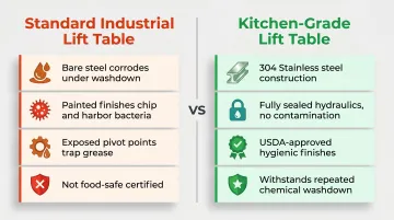Standard industrial lift table versus kitchen-grade stainless lift table side-by-side comparison