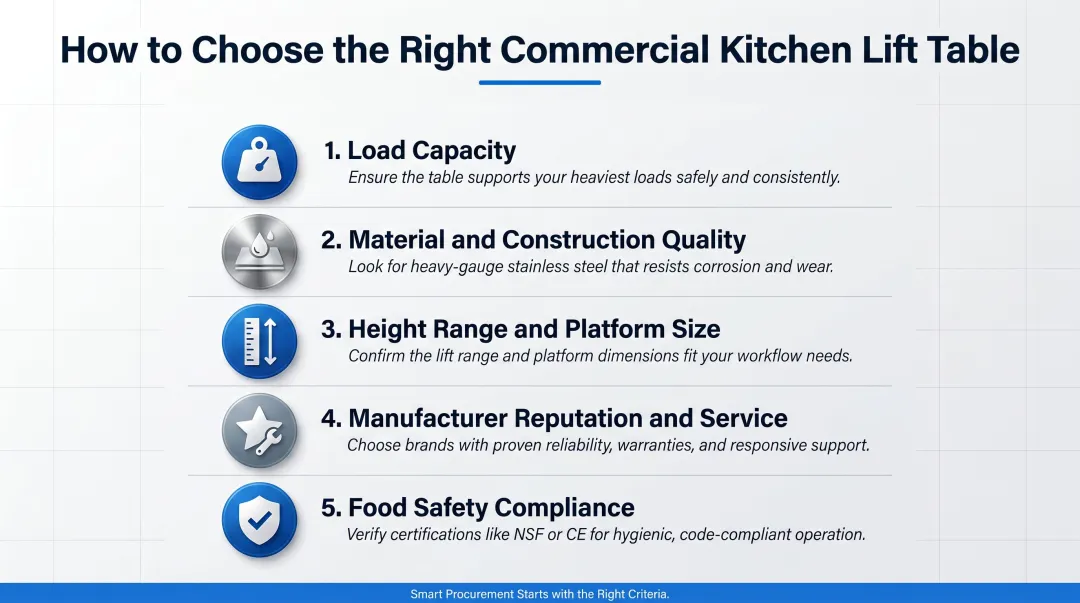 Five key criteria for selecting a commercial kitchen lift table evaluation checklist