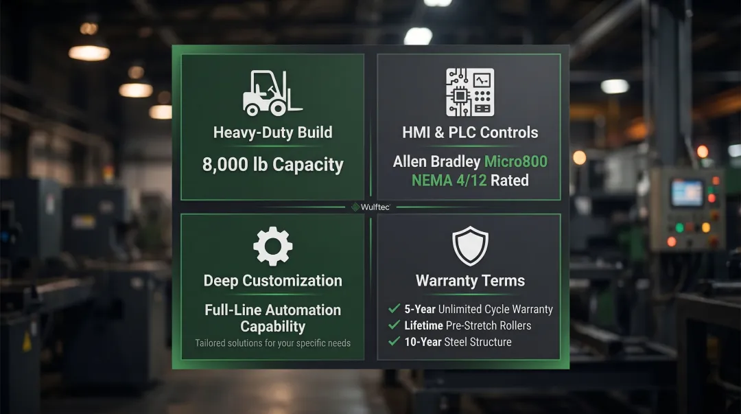 Wulftec stretch wrapper key technical differentiators warranty and build specifications chart