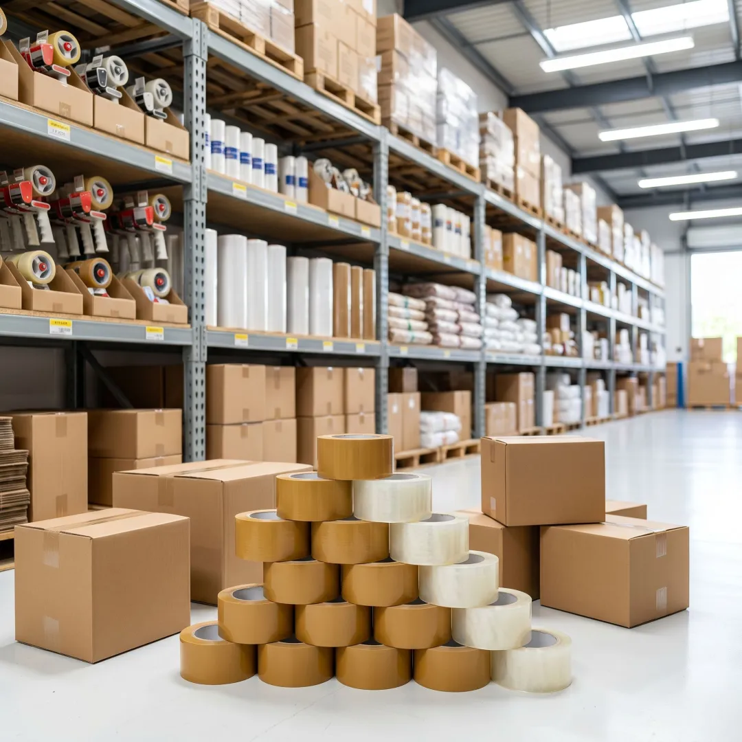 Silent carton sealing tape rolls in a warehouse