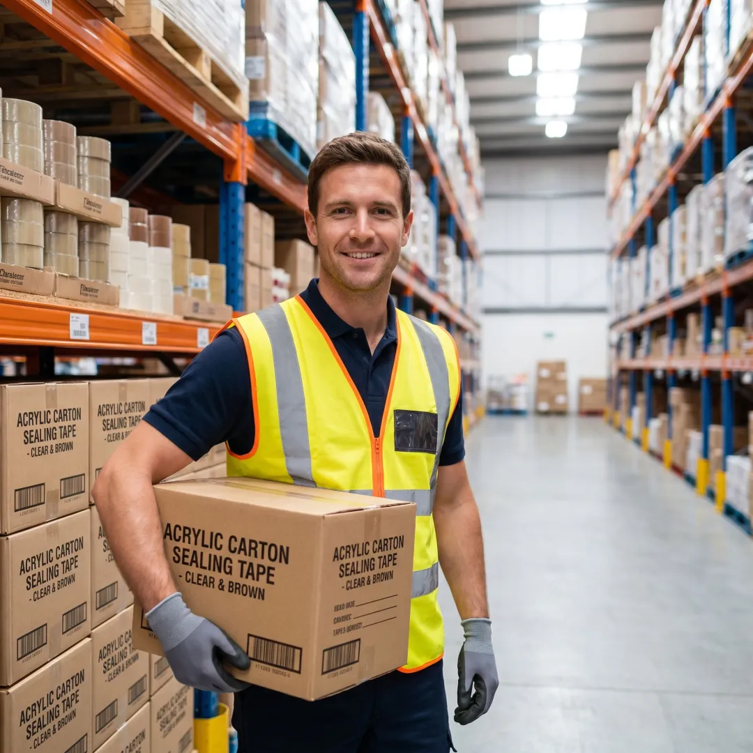 Warehouse worker preparing bulk carton sealing tape order