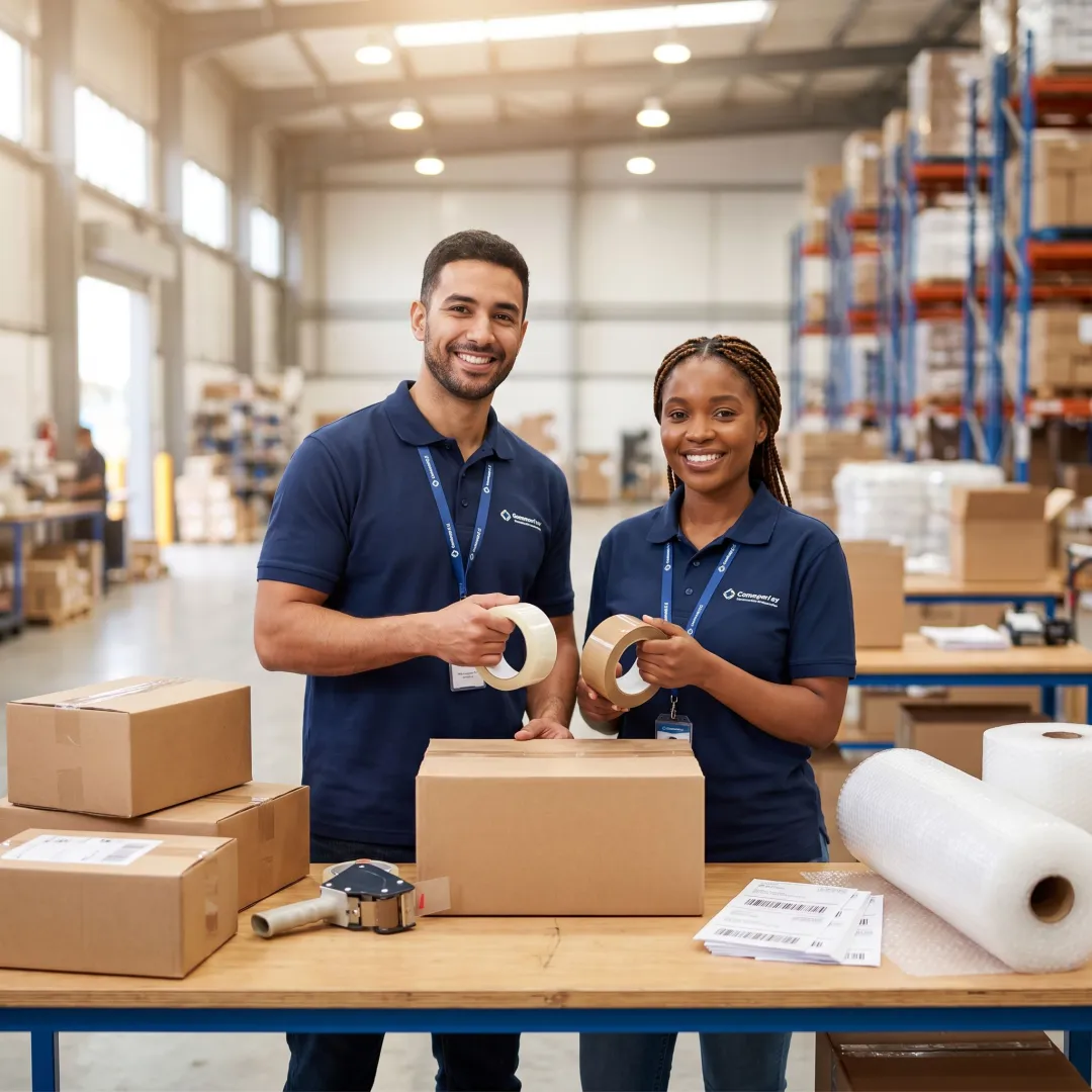 Warehouse team reviewing carton tape for shipping boxes