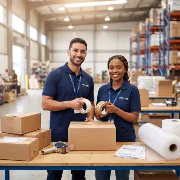 Warehouse team reviewing carton tape for shipping boxes