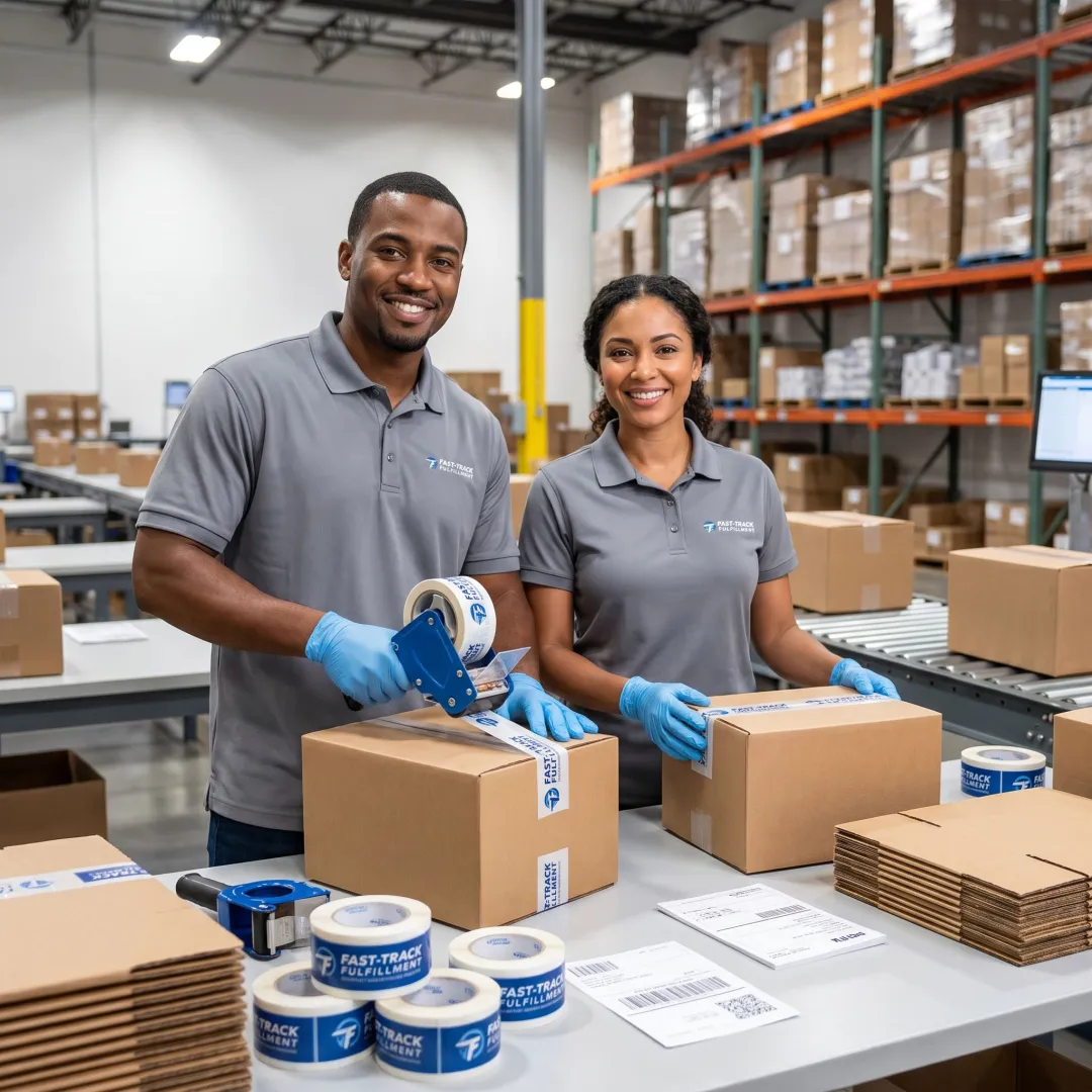 Packaging team applying custom tape to boxes