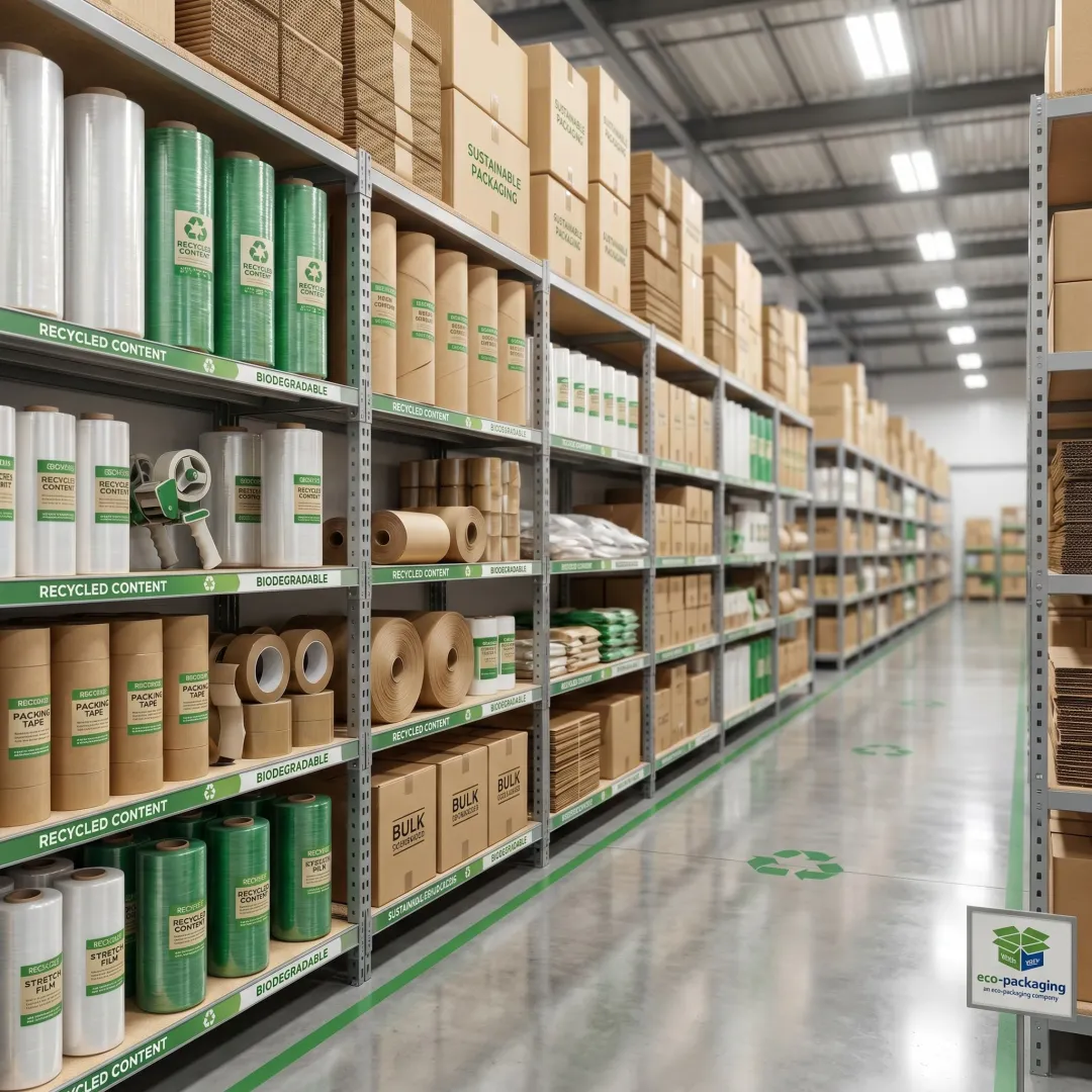 Bulk sustainable packaging supplies in warehouse