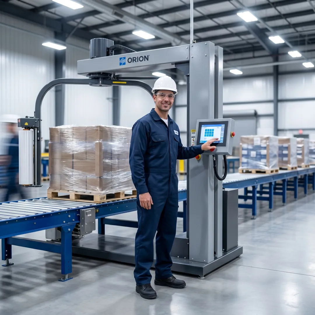 Technician reviewing stretch wrapper setup