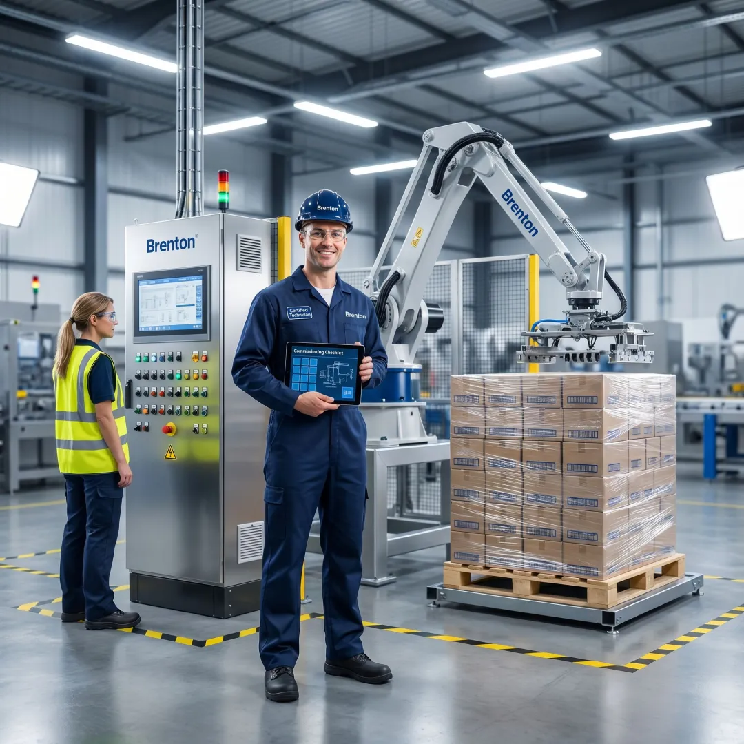 Technician commissioning a Brenton palletizer line