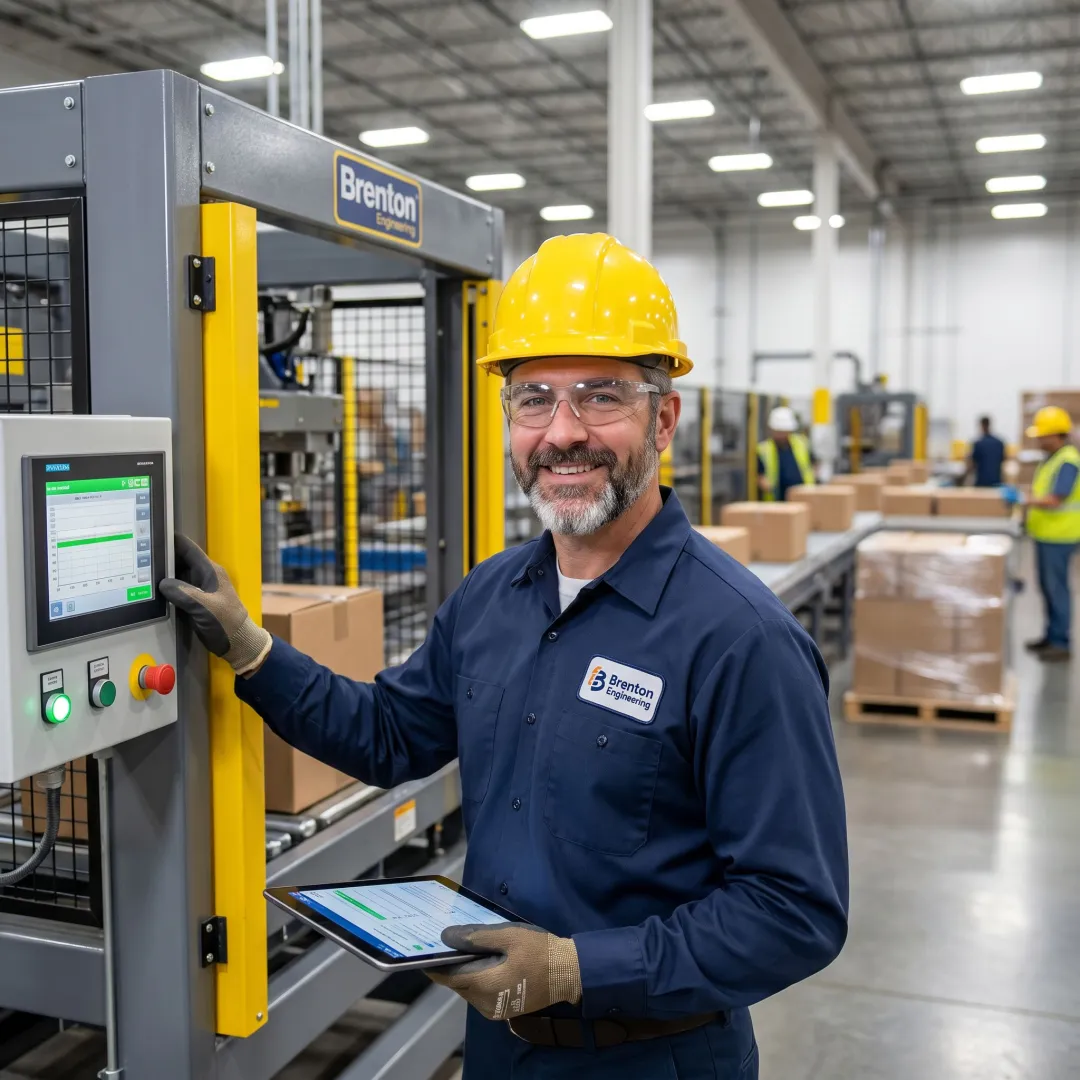 Technician commissioning a Brenton palletizer line