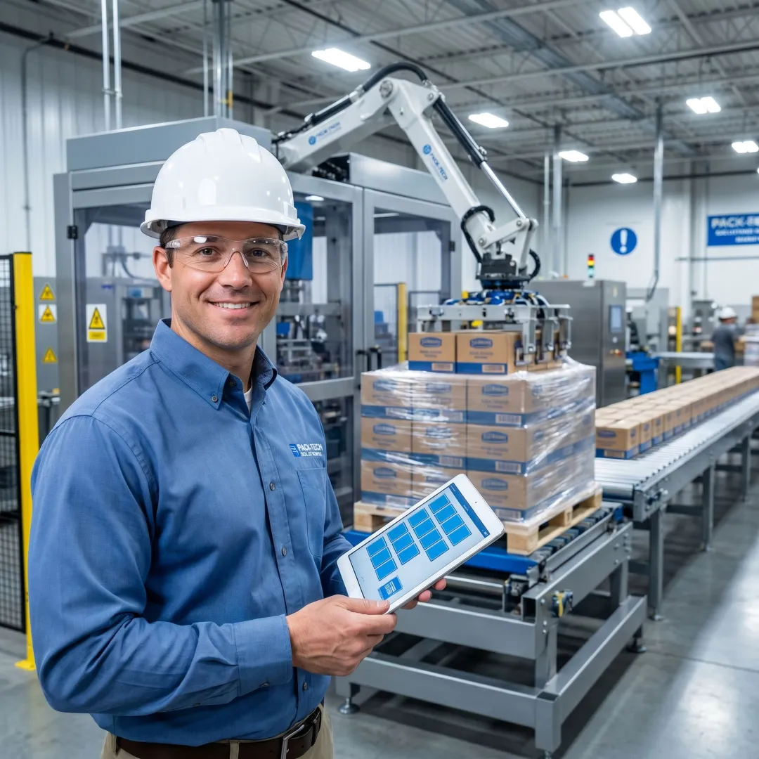 Technician reviewing a Brenton palletizer installation plan
