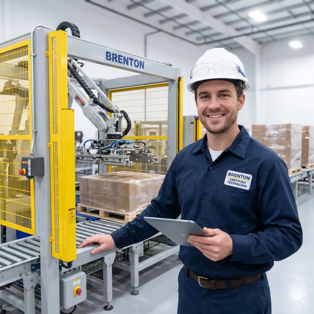Technician reviewing a Brenton palletizer installation