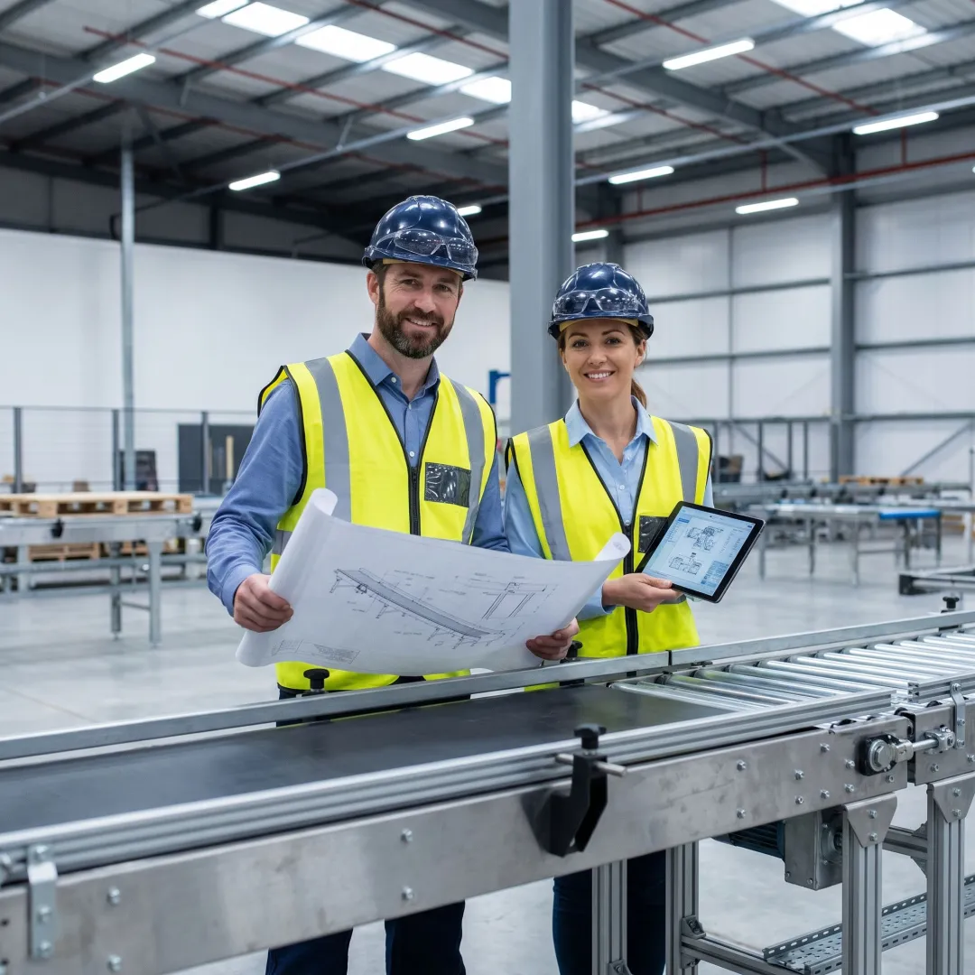 Technician reviewing conveyor layout plans