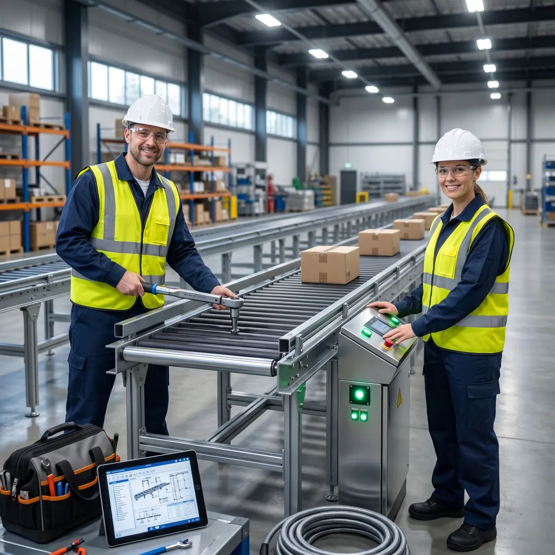 Technicians installing an industrial conveyor system
