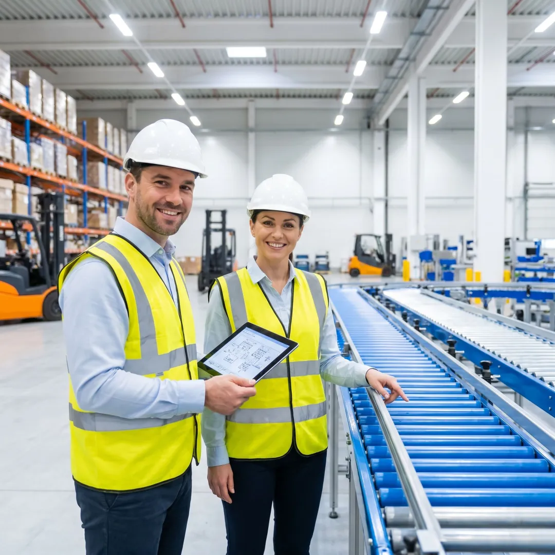 Technician reviewing conveyor layout and equipment