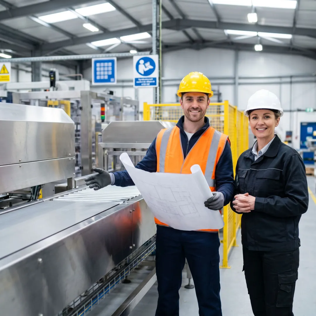 Technician reviewing conveyor layout plans