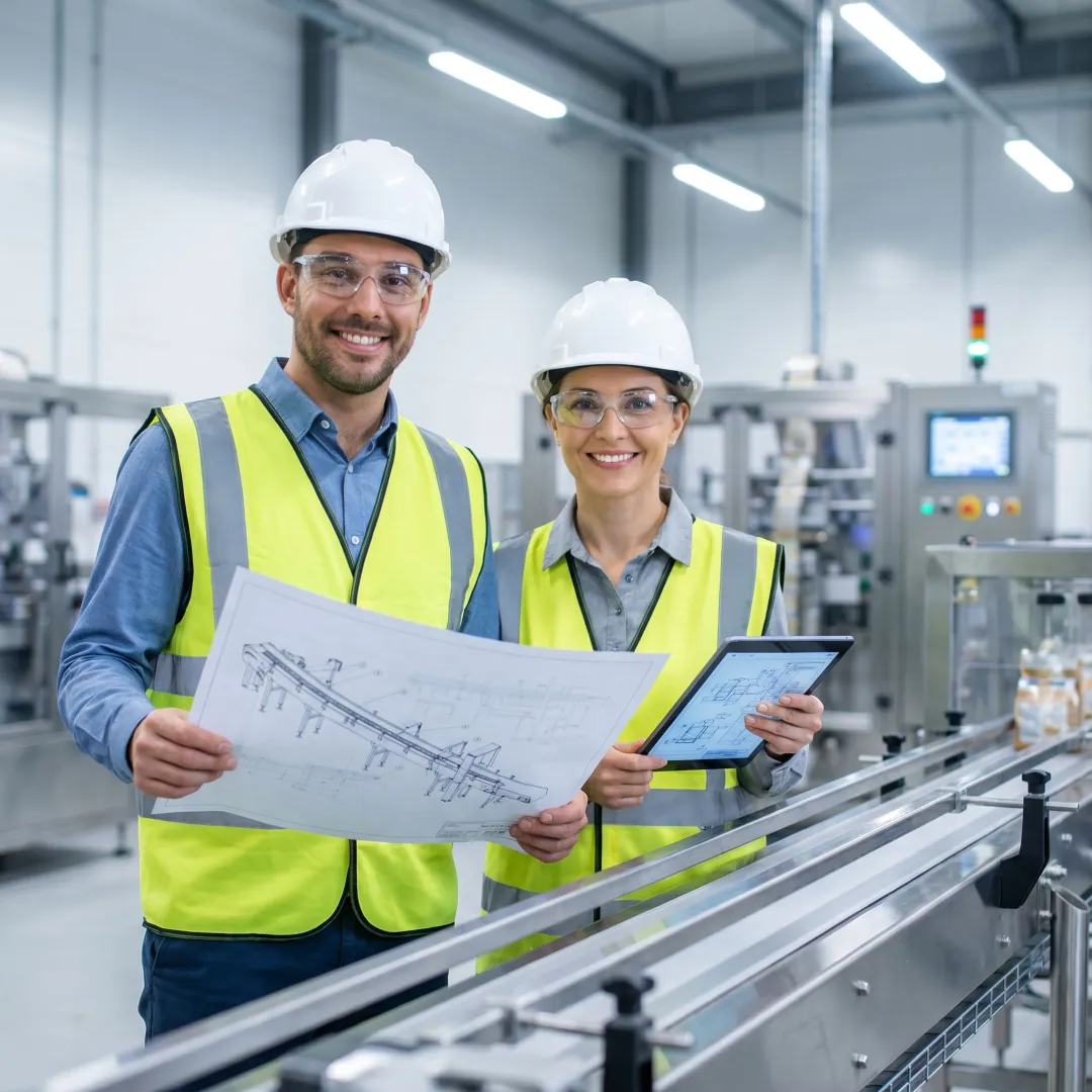 Technician reviewing conveyor layout plans