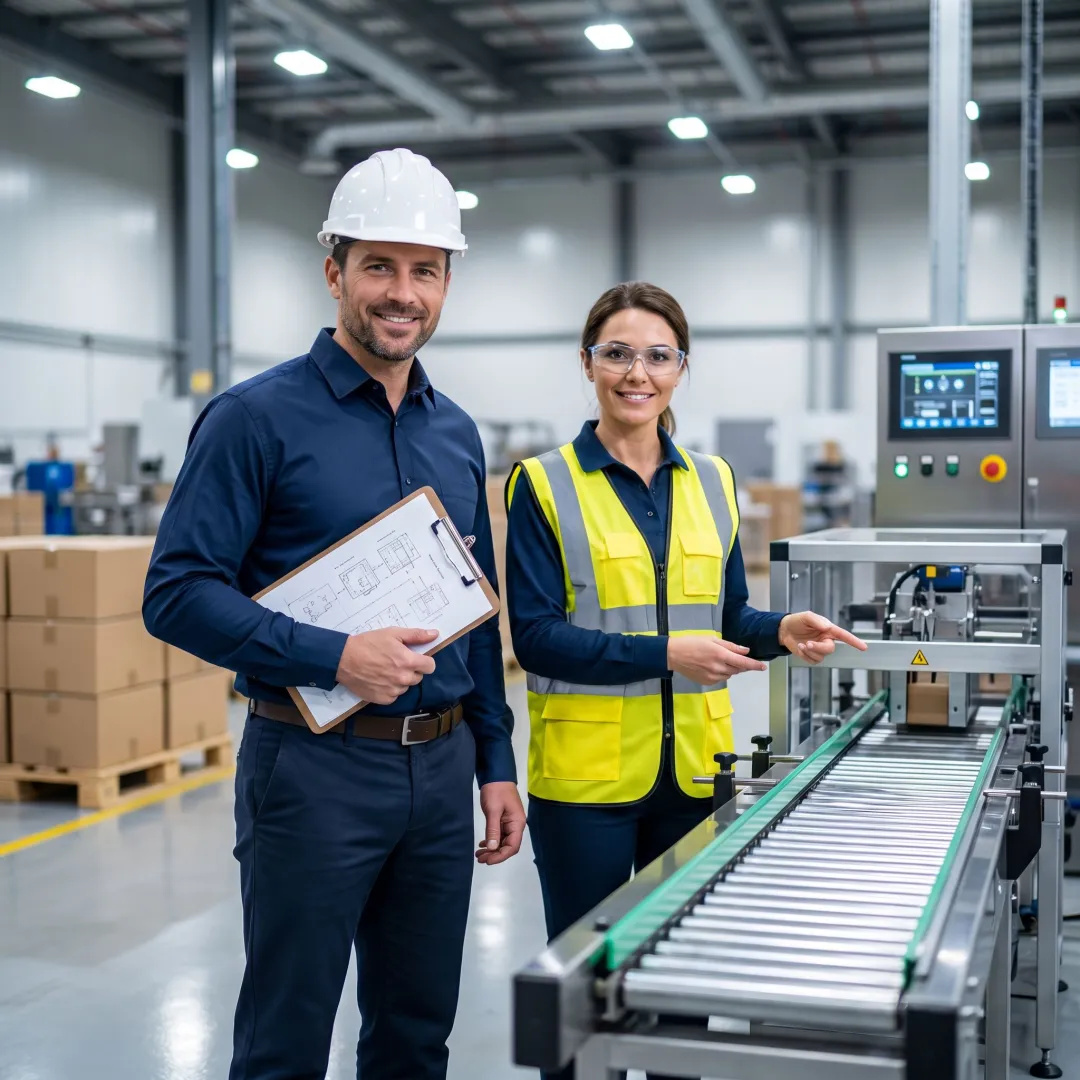 Technician reviewing conveyor layout plans