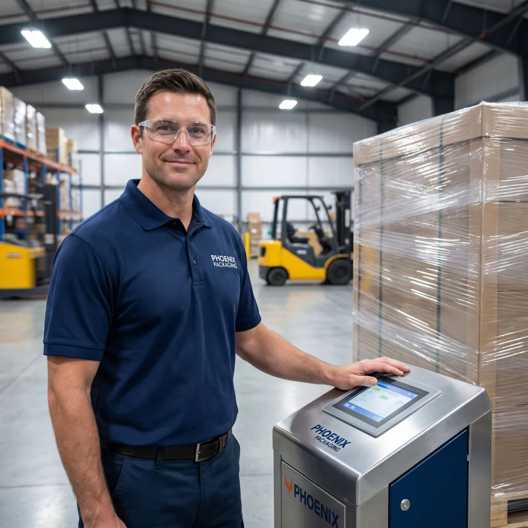 Technician reviewing a Phoenix stretch wrapper