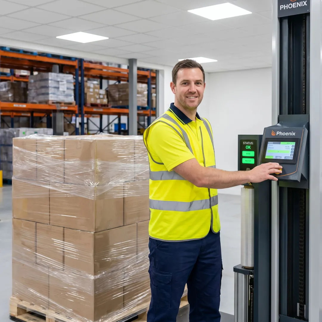 Technician inspecting stretch wrapper equipment