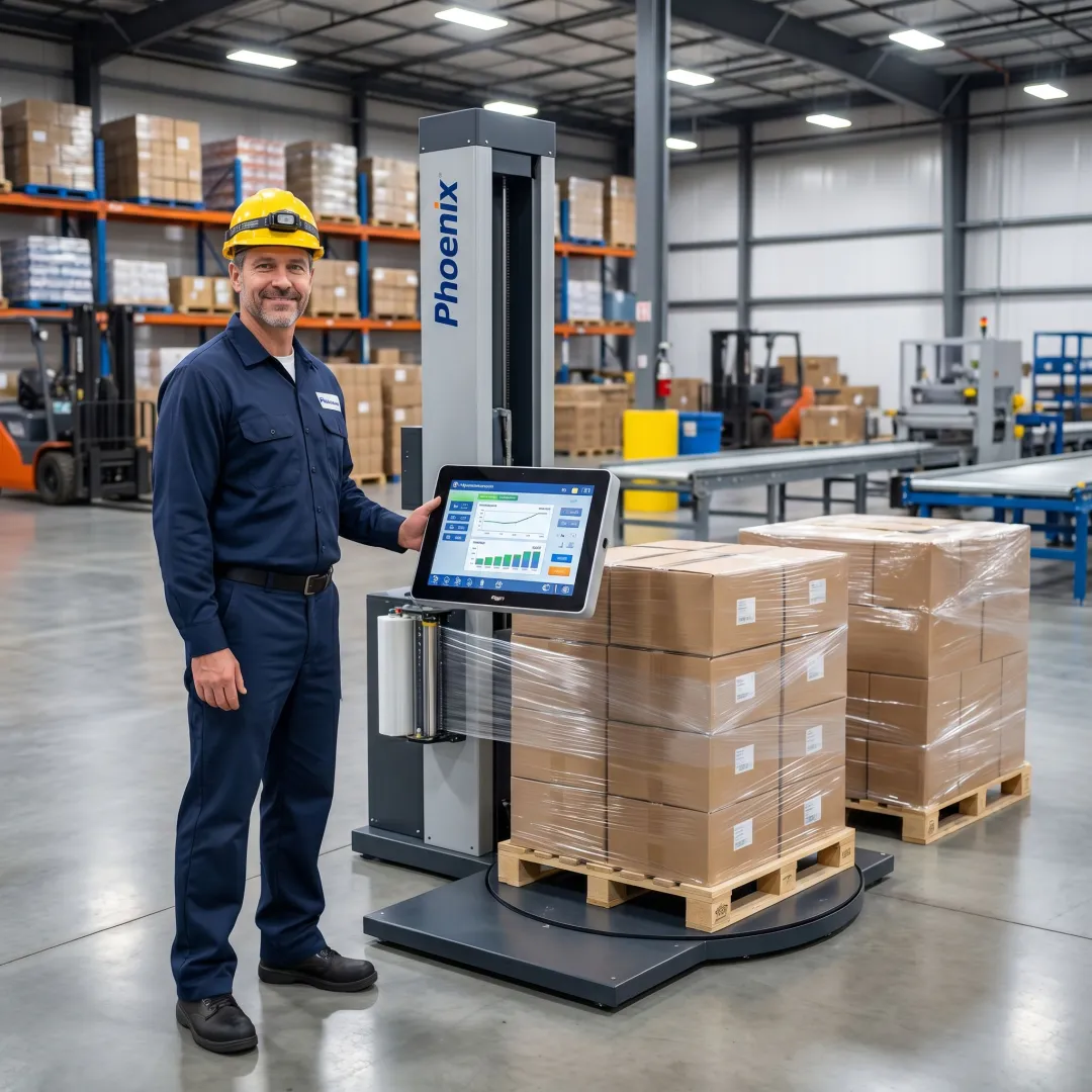 Technician reviewing stretch wrapper setup