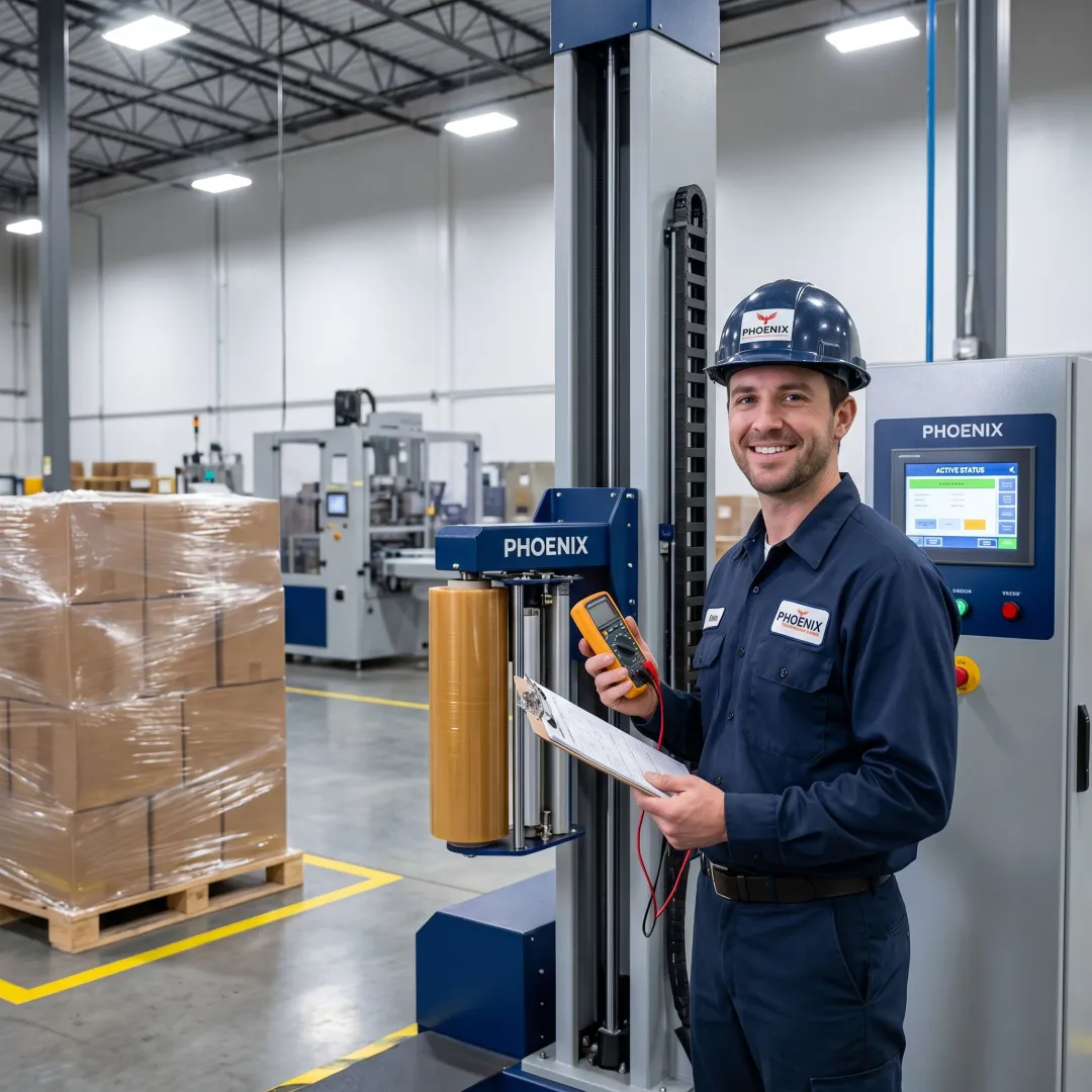 Technician inspecting a Phoenix stretch wrapper