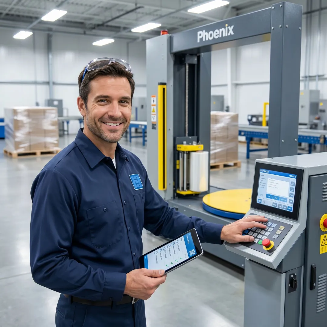 Technician reviewing stretch wrapper setup