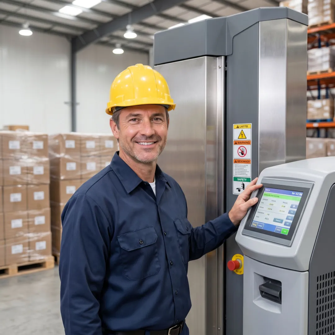 Technician reviewing stretch wrapper setup