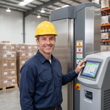 Technician reviewing stretch wrapper setup