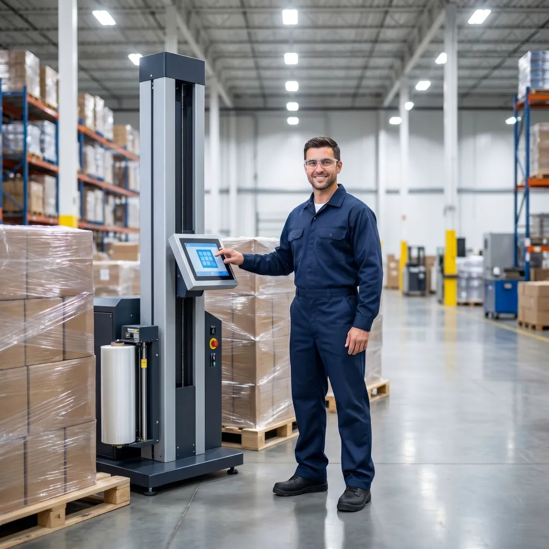 Technician reviewing stretch wrapper setup