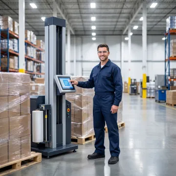 Technician reviewing stretch wrapper setup