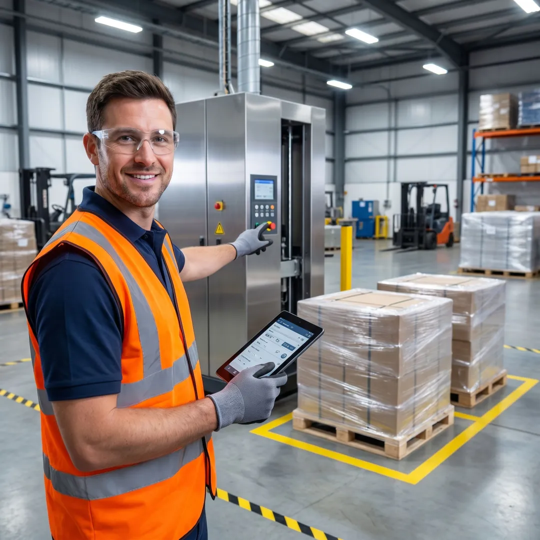 Technician reviewing stretch wrapper setup