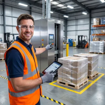 Technician reviewing stretch wrapper setup