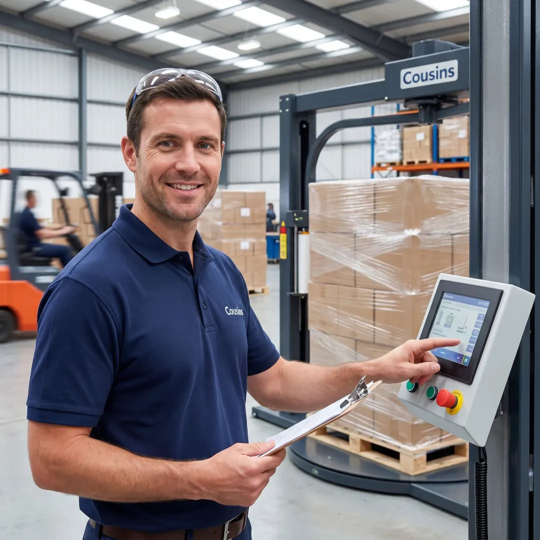 Technician reviewing stretch wrapper setup