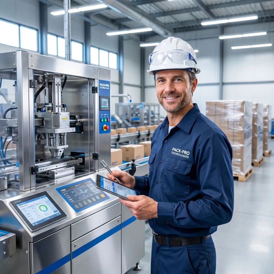 Technician reviewing industrial packaging equipment