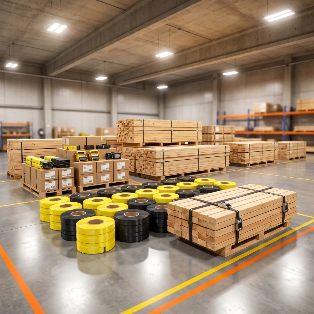 Industrial strapping rolls and secured lumber bundles