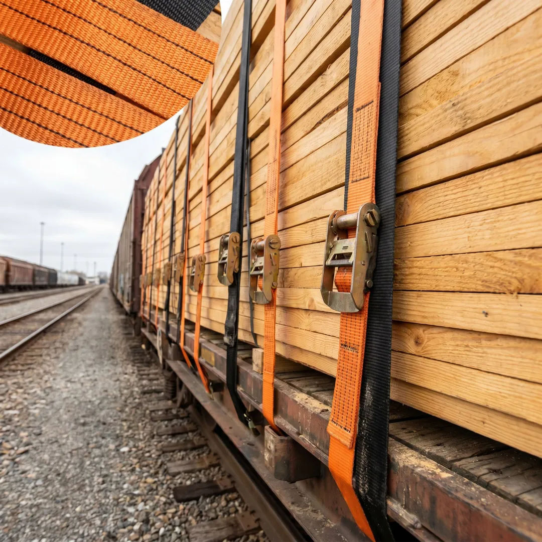 Polyester strapping securing bundled lumber on a rail load
