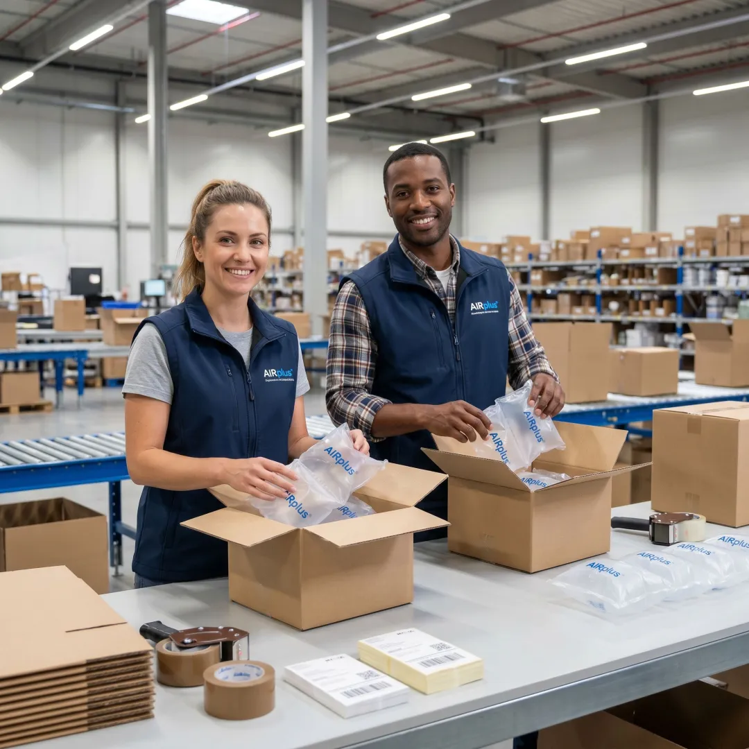 Warehouse team using air cushions for order protection