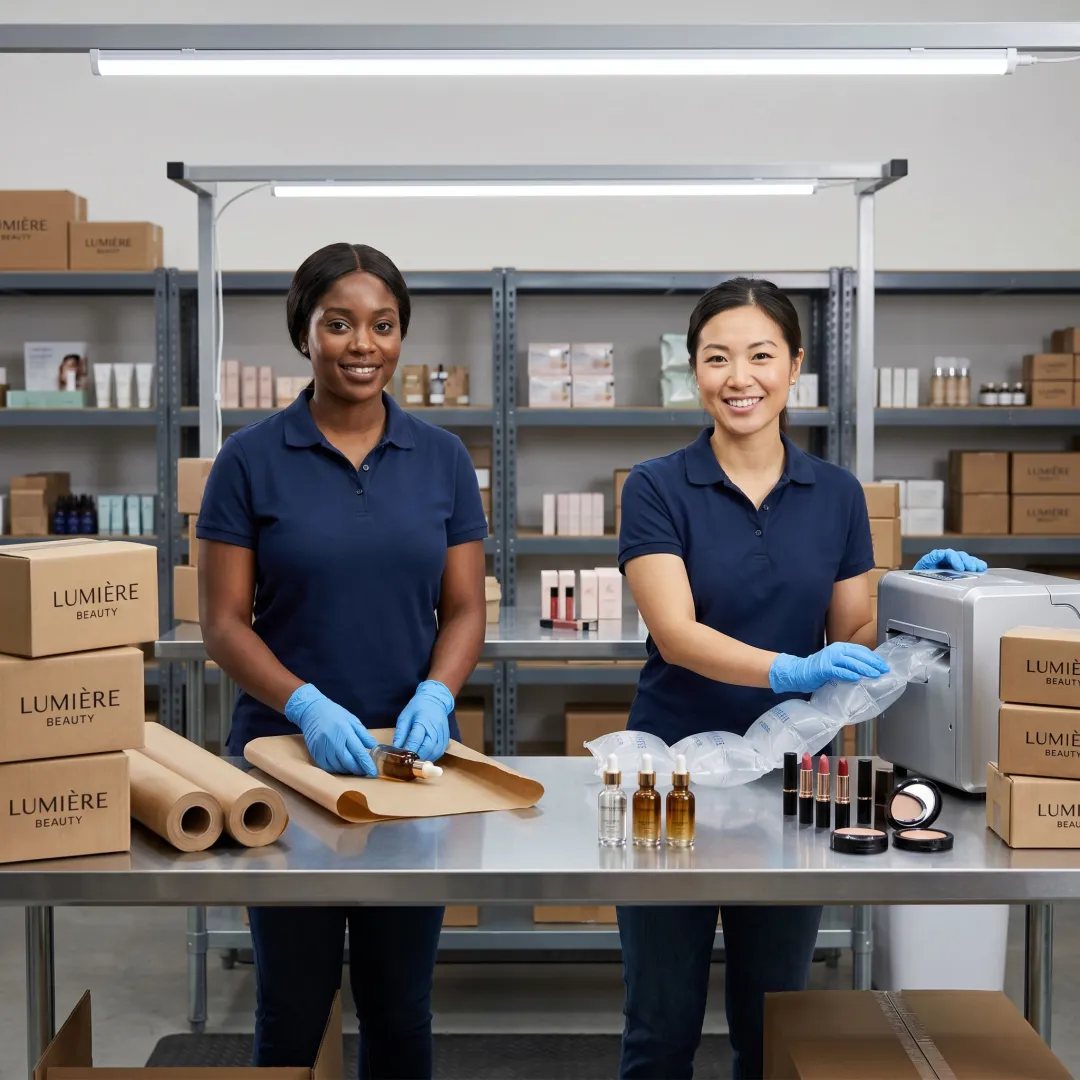 Packing station using air cushions for cosmetic orders