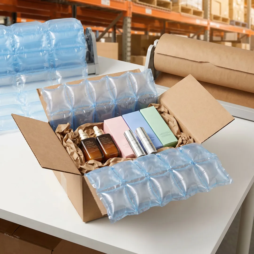 Cosmetic products packed with air cushions and paper cushioning
