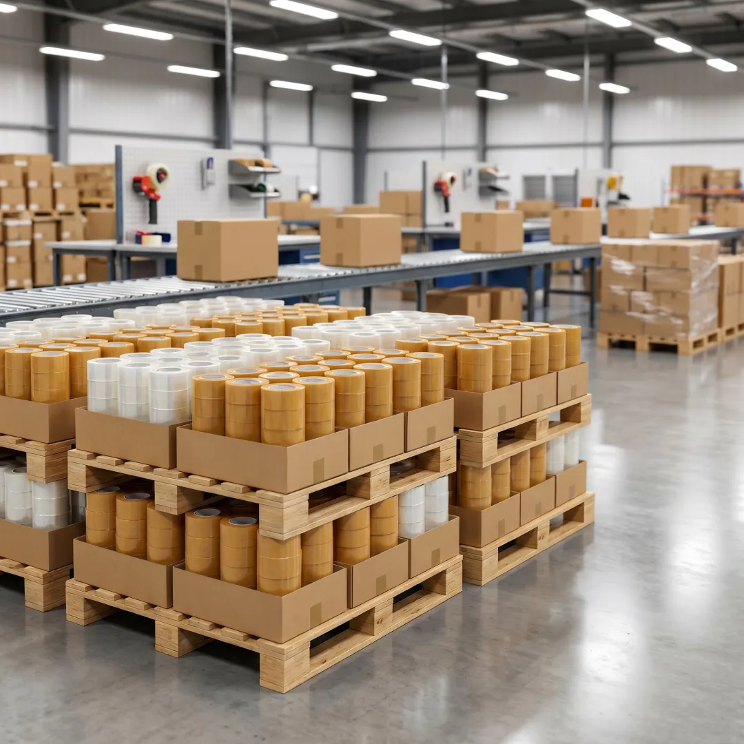 Bulk carton sealing tape staged for warehouse fulfillment use
