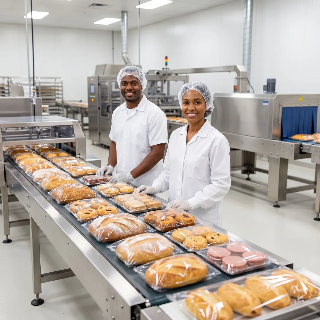 Food products wrapped in shrink film on packaging line