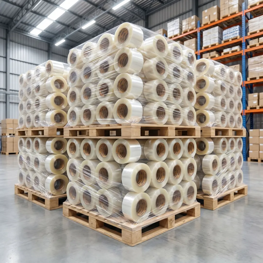 Bulk acrylic carton sealing tape rolls in warehouse