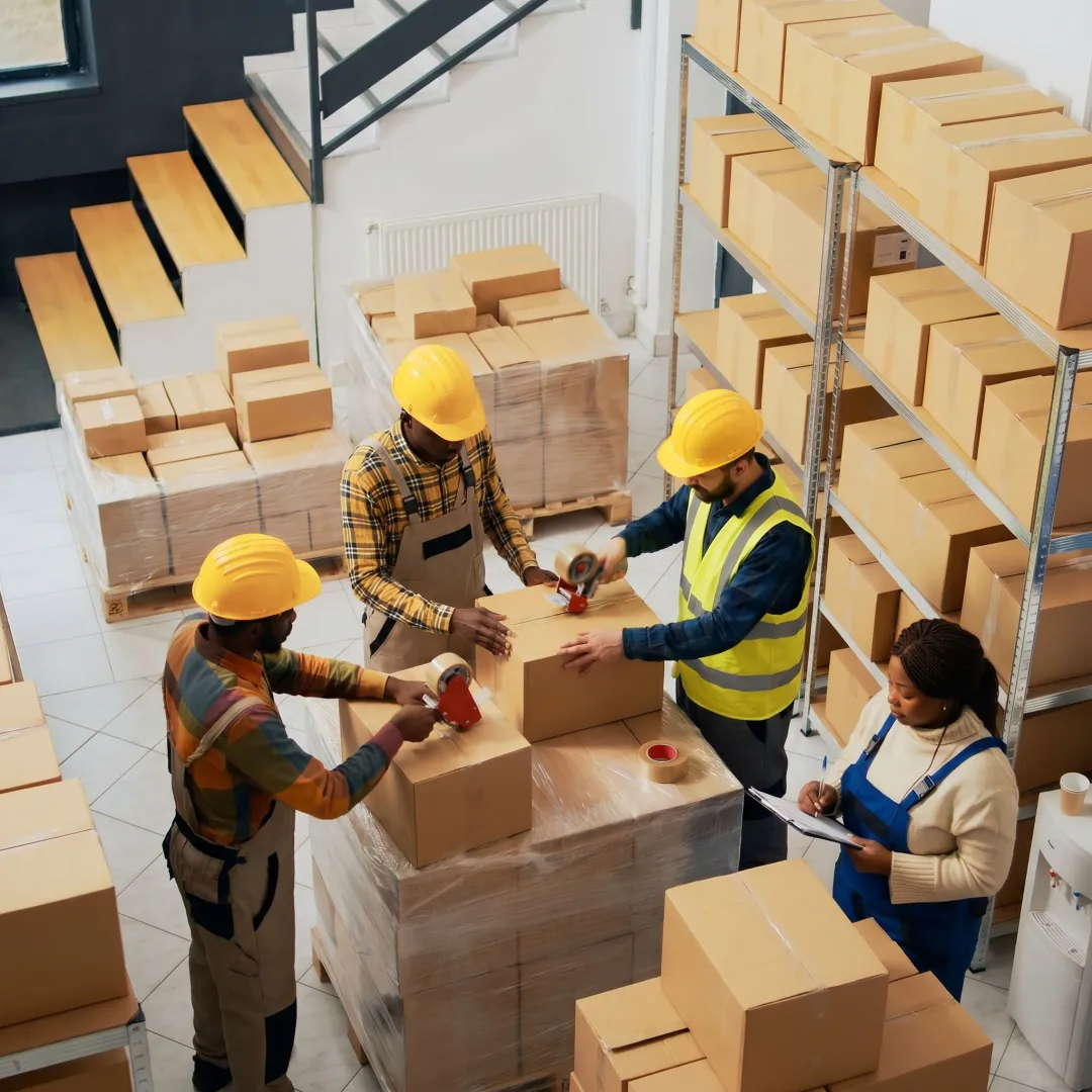Warehouse team using carton sealing tape on shipping boxes