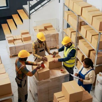 Warehouse team using carton sealing tape on shipping boxes