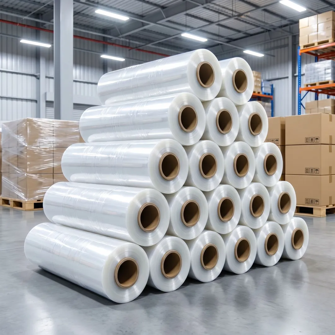 Rolls of polyolefin shrink film in a warehouse