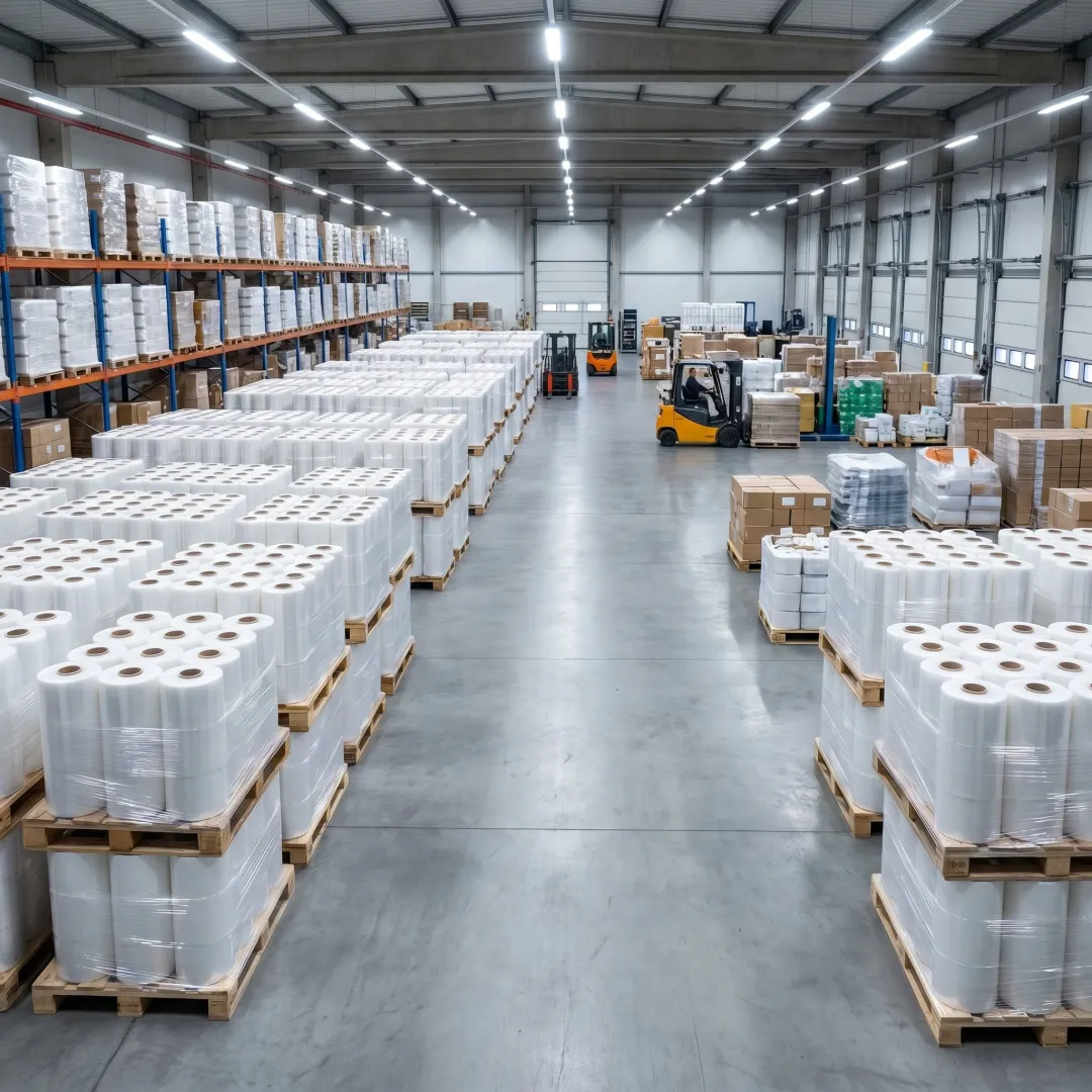 Bulk rolls of recyclable shrink film in a warehouse