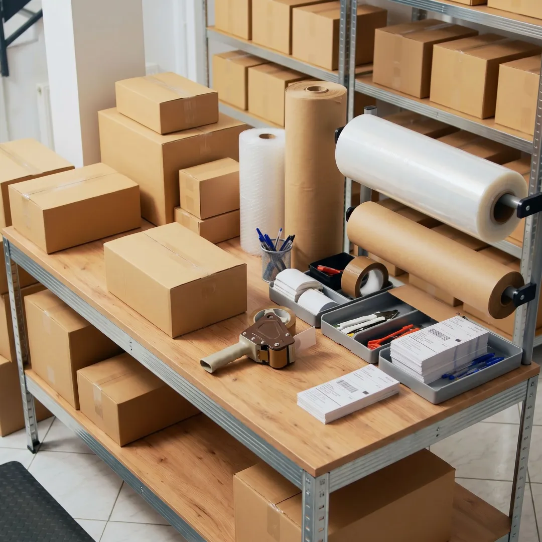 E-commerce packaging supplies in a fulfillment station